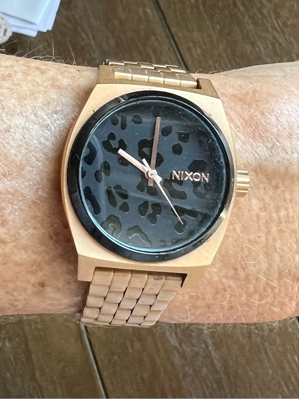 Nixon Rose Gold Bracelet Watch with Black Leopard Dial Accents